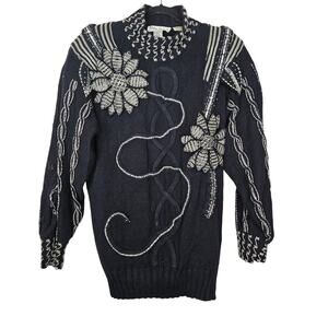 Vintage 80s Bonnie Boerer S Black Chunky 3D Knit Sweater Flower Beaded Glam